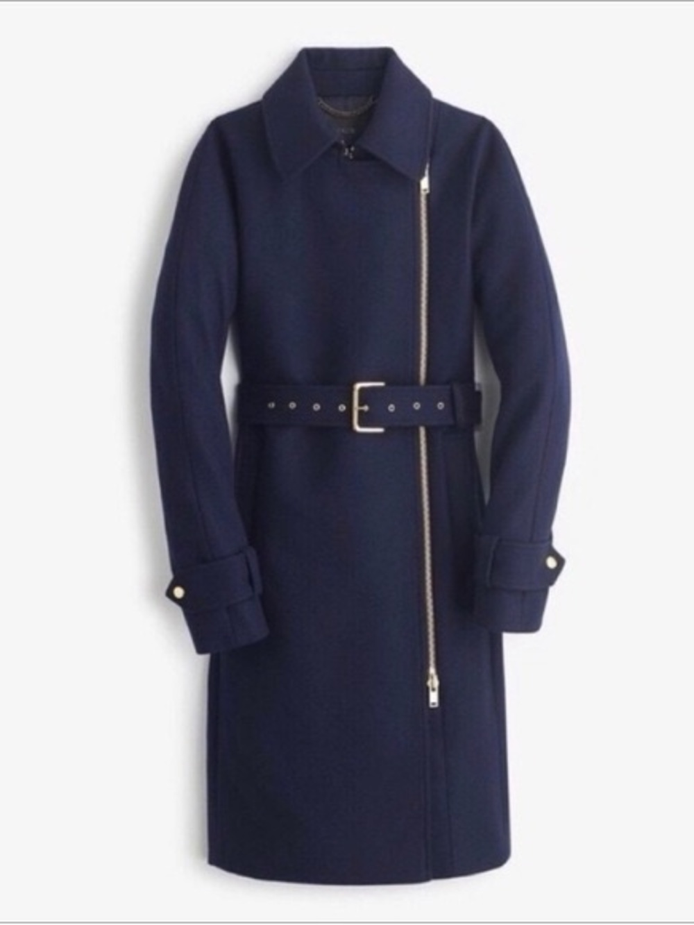 J. Crew Navy Wool Melton Asymmetrical Zip Belted Trench Coat